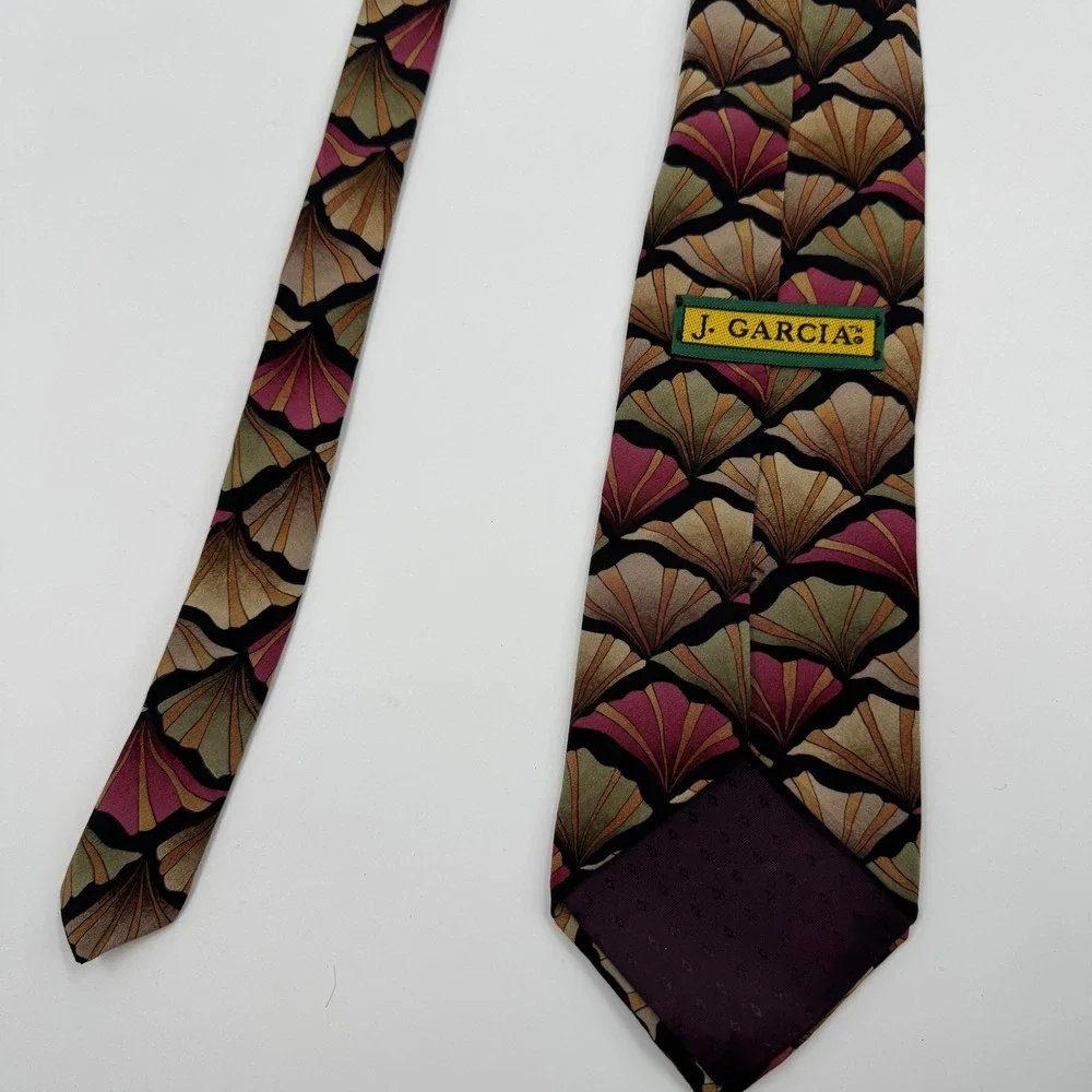 J. Garcia Mens‎ Silk Necktie Abstract Fan Geometric Pattern Burgundy Green Tan